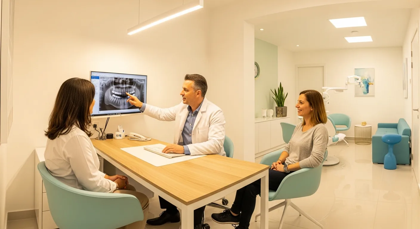 Behandler bespricht eine Panoramaaufnahme mit einer Patientin in der Fachpraxis f&uuml;r Kieferorthop&auml;die Gelnhausen